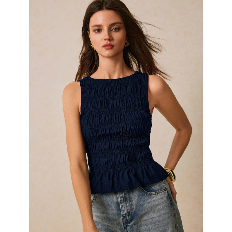 Pleats & Thank You — Solid Crew-Neck Pleated Tank Top