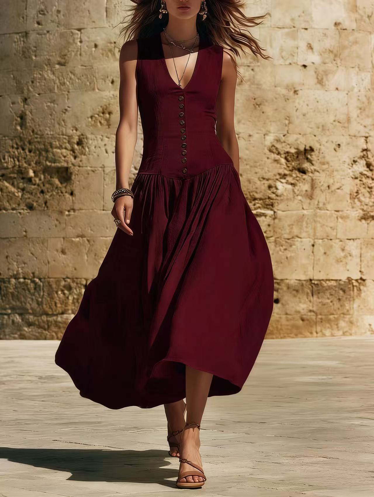 Button Up, Buttercup — V-Neck Cotton-Linen Dress