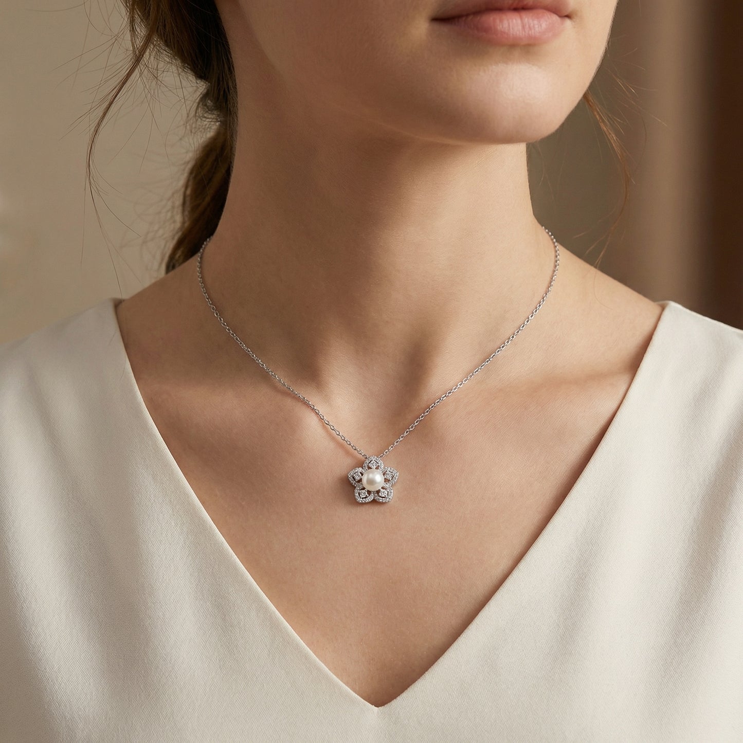 Floral & Fine — Pearl & Diamond Flower Pendant, 925 Sterling