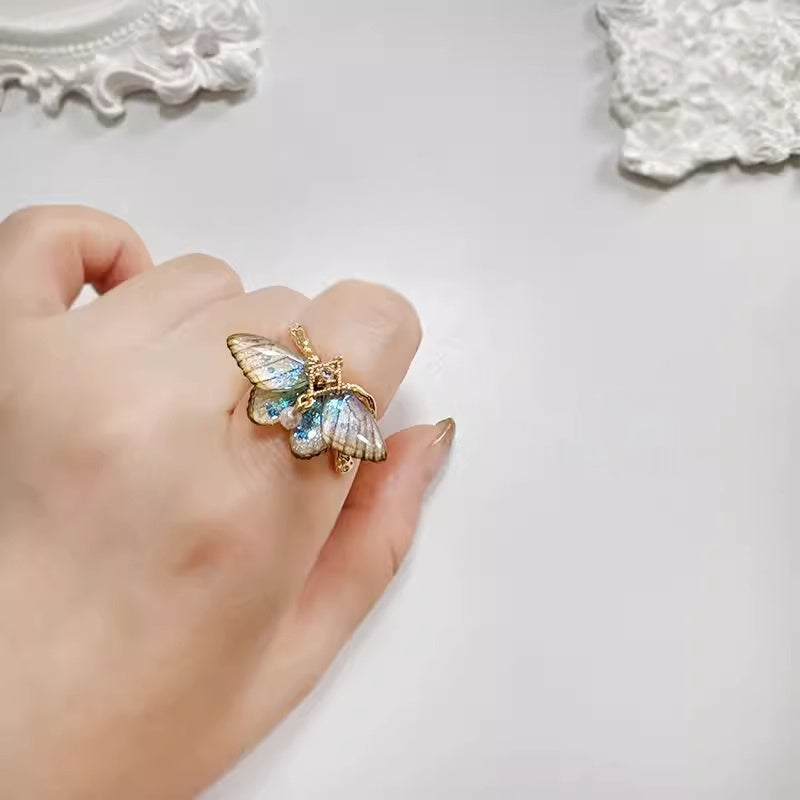 Lunar Moth — Moonstone Open Ring with Moth & Butterfly Wings