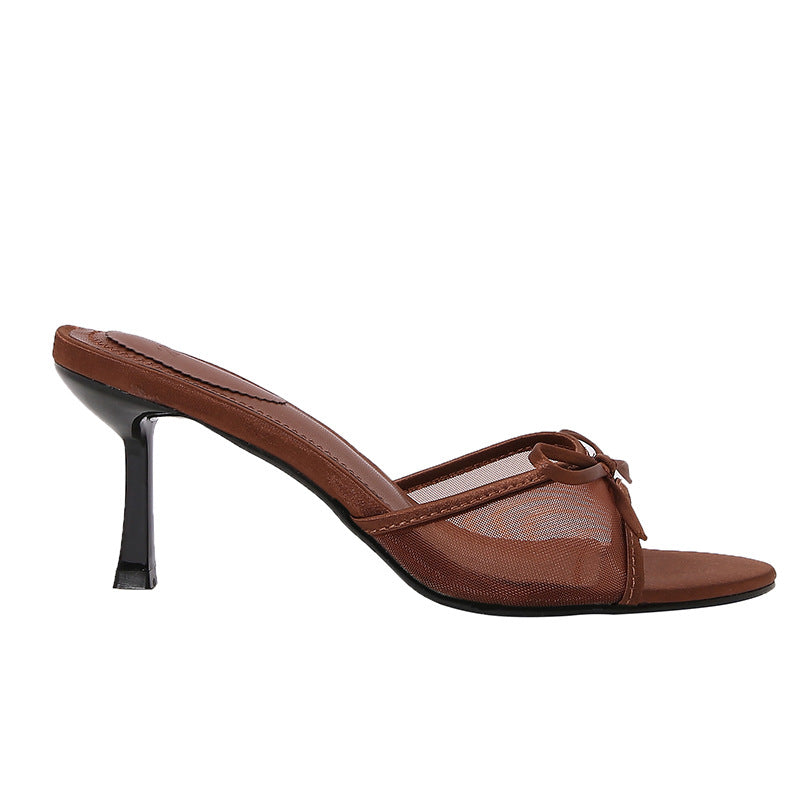 Bow Down — Brown Mesh High Heel Sandals with Bow