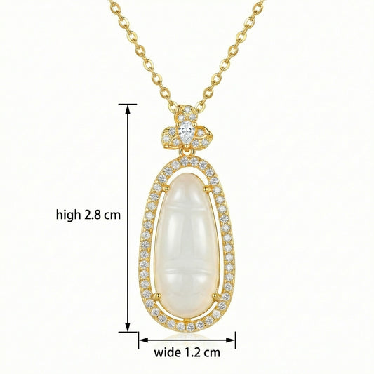 Jade Just Right — Pear Milky Jade Pendant with Diamond Halo, 925 Sterling