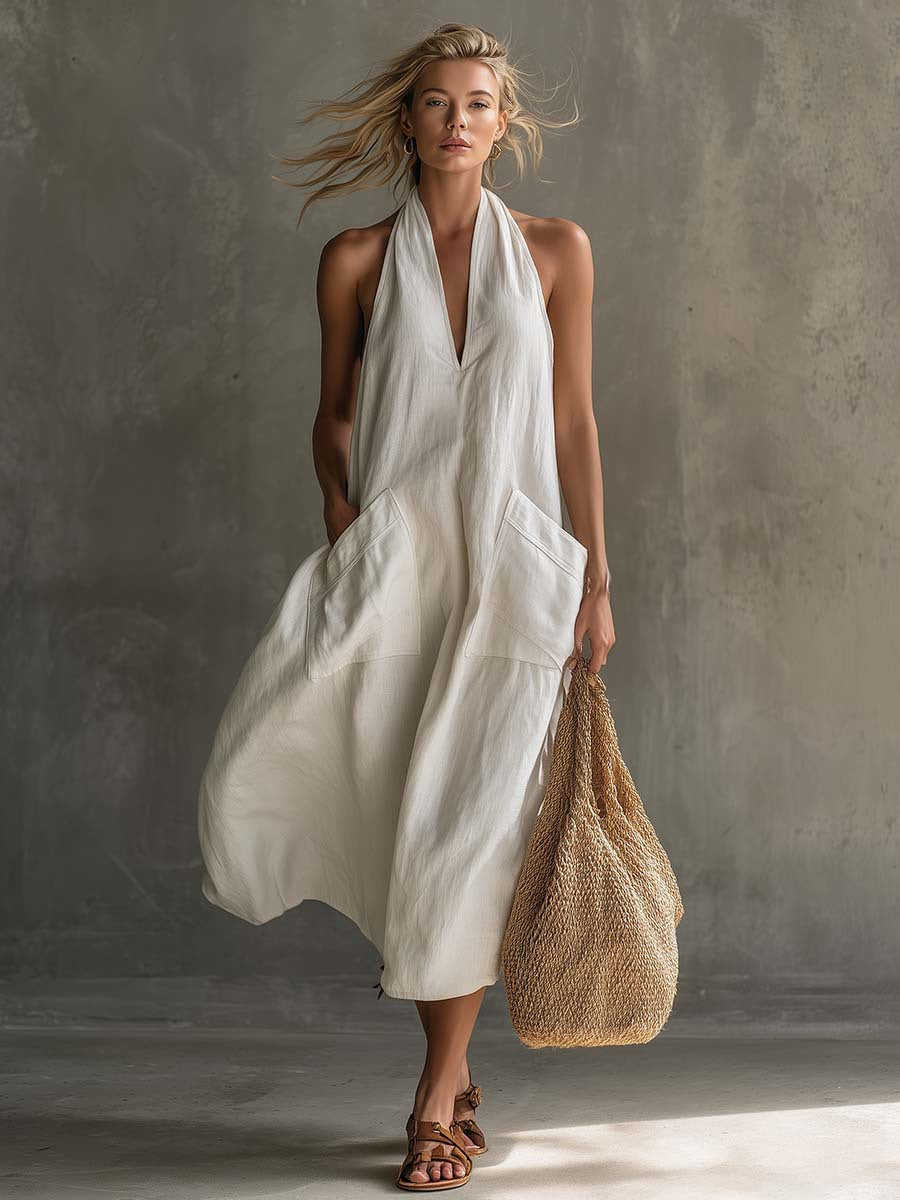 Linen & Loos — Casual Retro V-Neck Linen Slip Dress