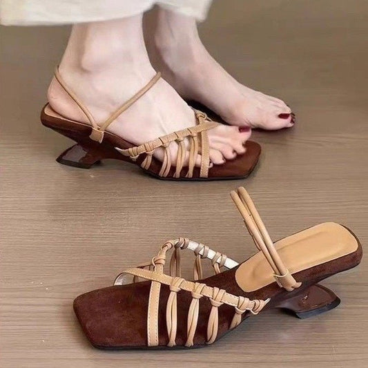 Woven Wanderlust — Retro Woven Wedge Slides, Open Toe Roman Sandals