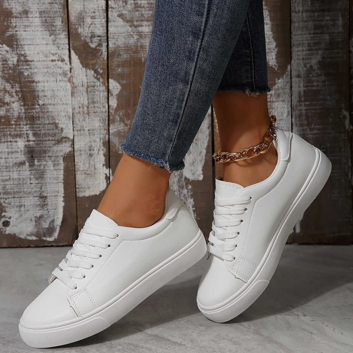 Lace Up, Live Out — Plus-Size White Flat Lace-Up Sneakers
