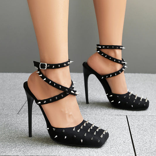 Rivet-ing Style — Stiletto-Heel Rivet Closed-Toe Sandals
