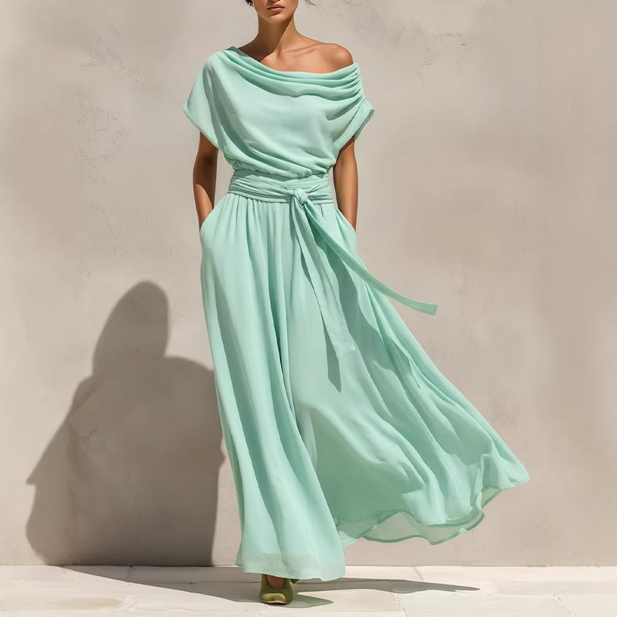 Pleat & Greet — Short-Sleeve Pleated Chiffon Dress
