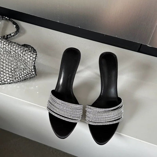 Rhinestone Rendezvous — French Slim Heels, Rhinestone Strap Open-Toe Sandals