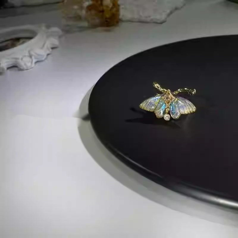 Lunar Moth — Moonstone Open Ring with Moth & Butterfly Wings