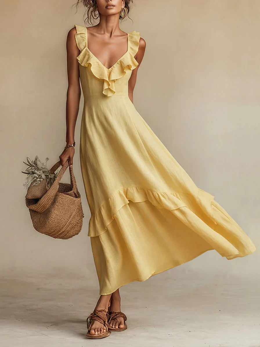 Flutter By — Ruffled Sleeve Cotton-Linen Dress