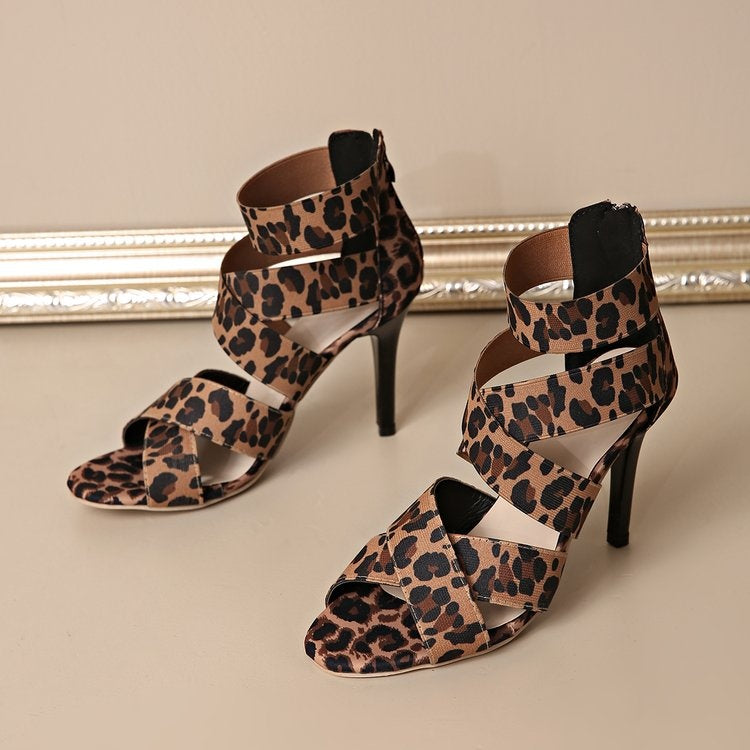 Leopard Luxe — Open-Toe Stiletto Sandals with Crisscross Strap