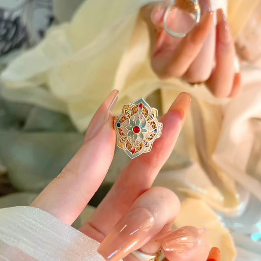 Peony Perfection — Gold-Embellished Enamel Peony Ring