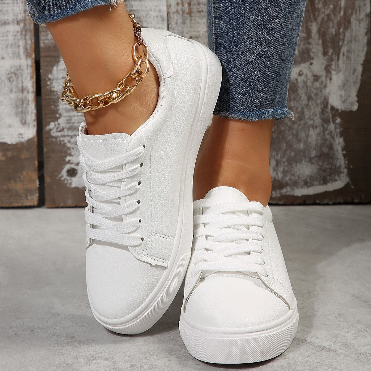 Lace Up, Live Out — Plus-Size White Flat Lace-Up Sneakers