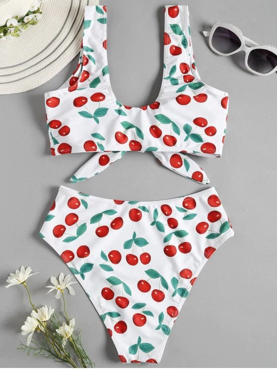 Cherry Bomb — Split Bikini with Sweet Lace & Fruit Print
