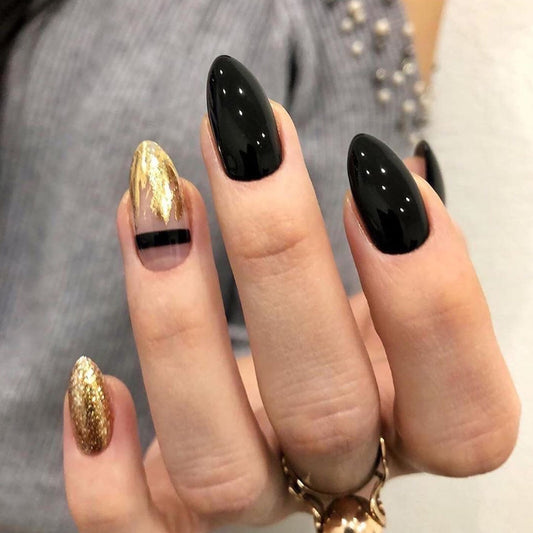 Noir Sparkle — Black Gold Glitter Pointed Fake Nails, Finished Art