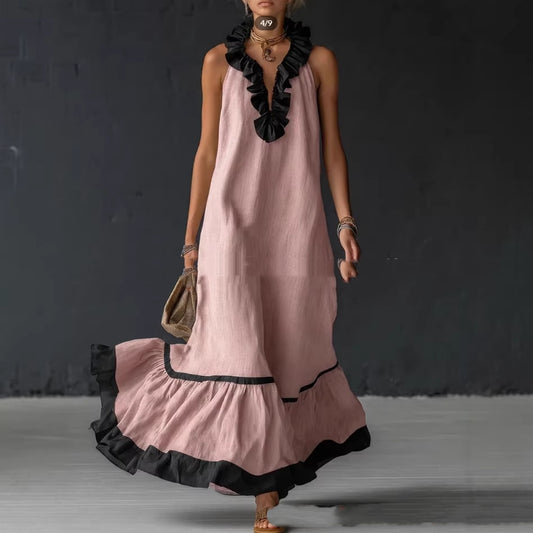 Ruffle Some Feathers — Elegant Ruffled Contrast-Color Tank Maxi Dress