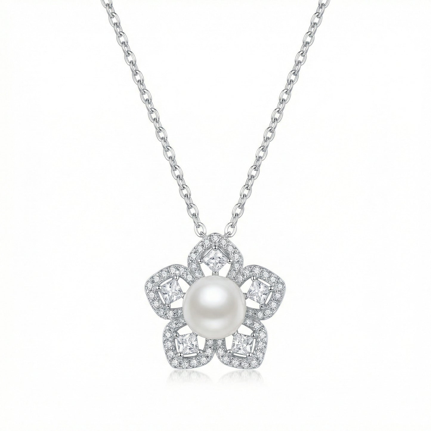 Floral & Fine — Pearl & Diamond Flower Pendant, 925 Sterling