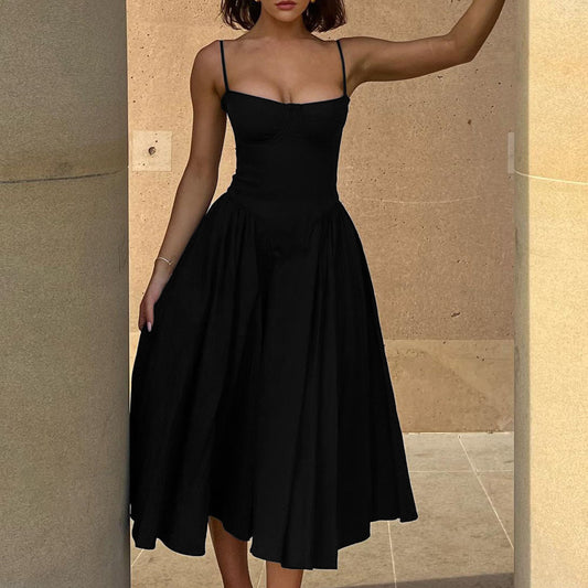 Slinky & Slim — V-Neck Backless Slip Dress with Cinch-Waist