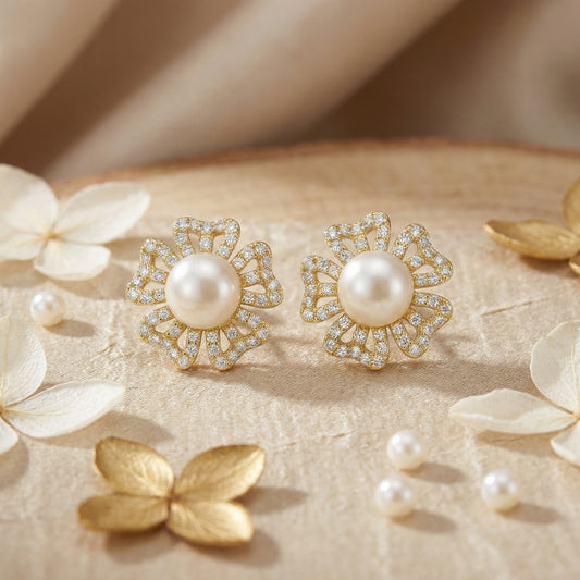 Petal Pusher — Silver Pearl Floral Openwork Studs