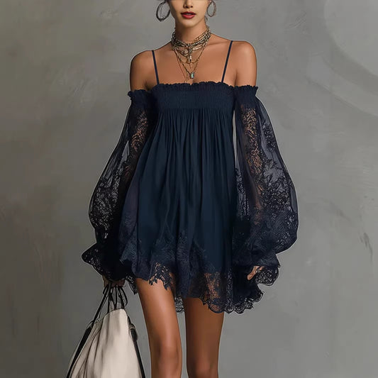 Lace Embrace — Long-Sleeve Stretch Lace Slip Dress