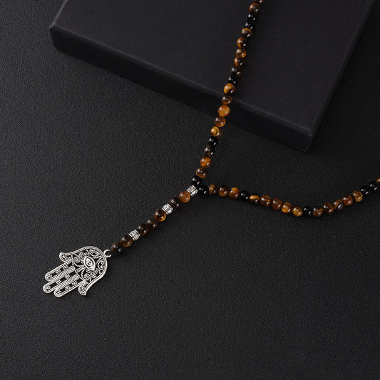 Tiger's Eye Tie — Natural Stone Palm-style Rosary Sweater Chain