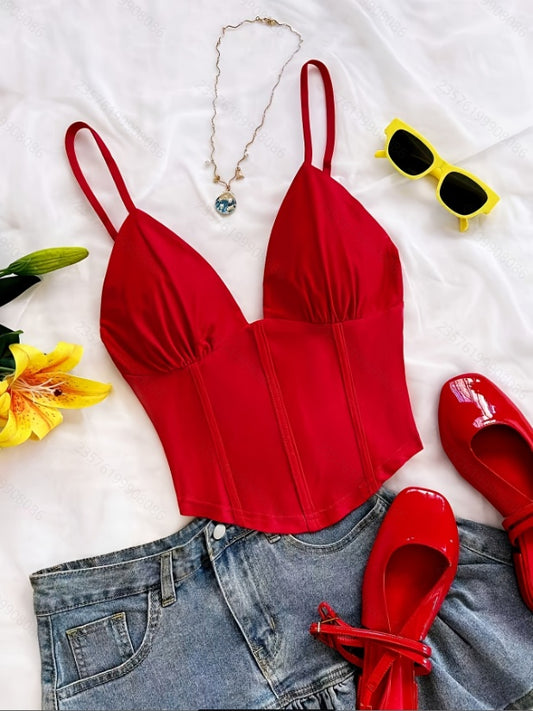 Knit's a Date — Retro V-Neck Off-Shoulder Knitted Camisole