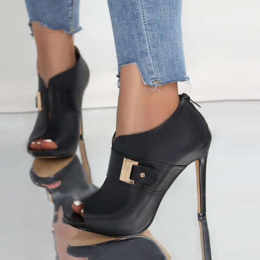 Buckle Up, Babe — Peep-Toe Stiletto Sandals with Metal Buckle