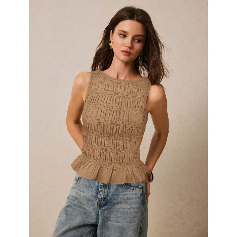 Pleats & Thank You — Solid Crew-Neck Pleated Tank Top