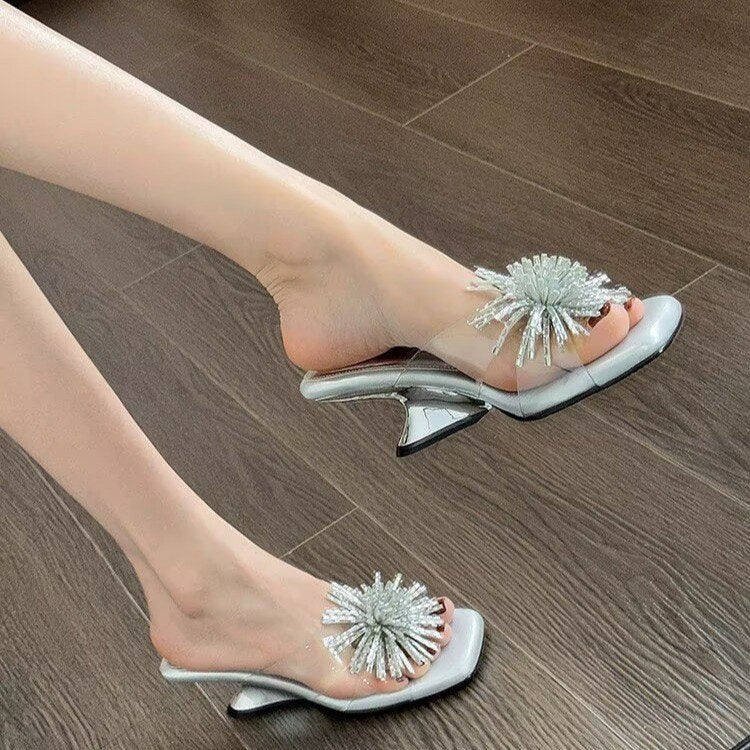 Crystal Clear — Irregular Heel Sandals, Clear Strap Kitten Heel Slides
