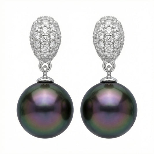Tahitian Teardrops — Silver Pearl & Diamond Pavé Drop Earrings