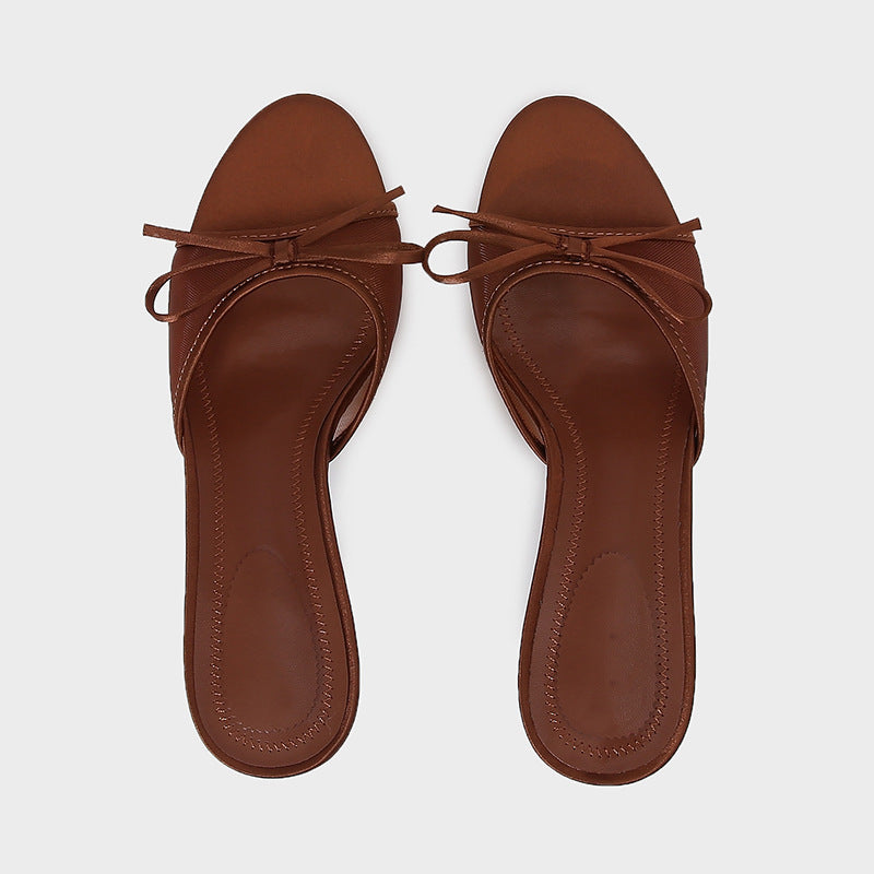 Bow Down — Brown Mesh High Heel Sandals with Bow