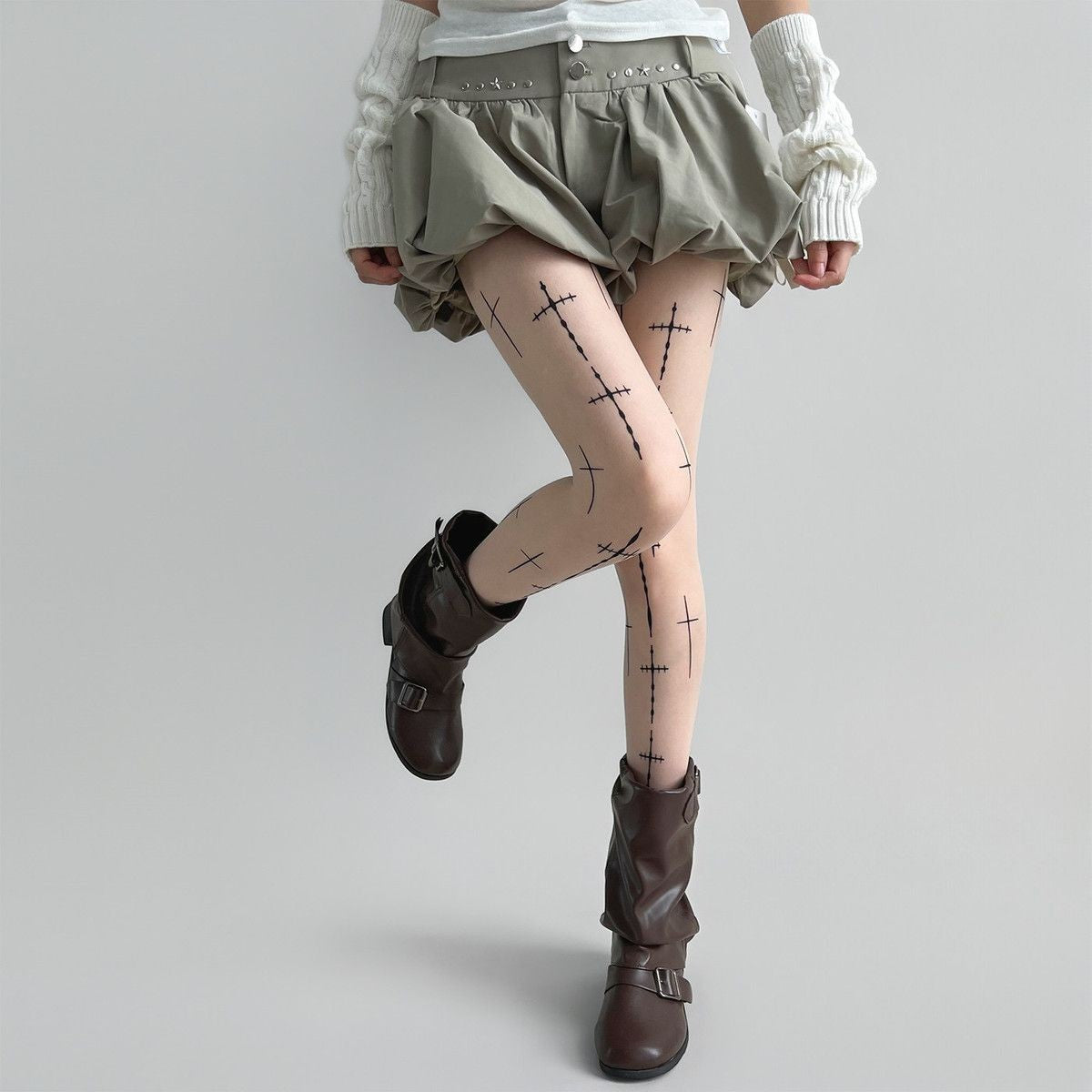 Cross My Heart — Printed Cross Black Silk Pantyhose