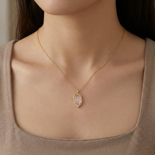 Rose Quartz Radiance — Hand-Carved Leaf Pendant, 925 Sterling