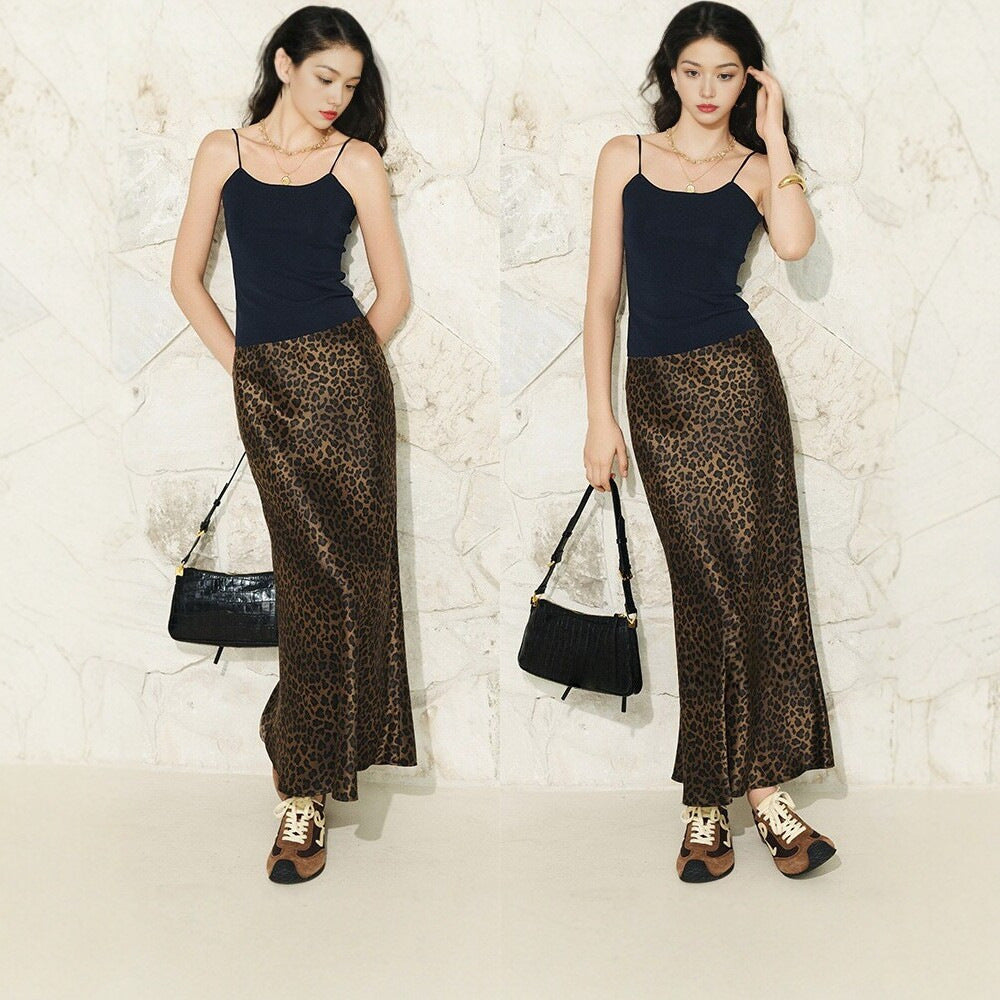 Copper Chic — Leopard Print Satin Midi Skirt