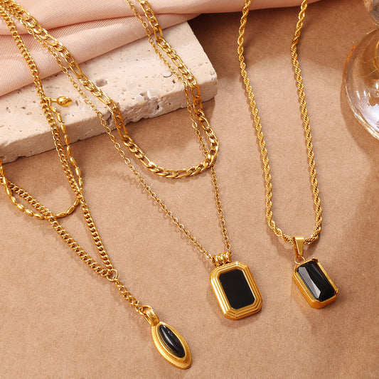 Onyx Enchantment — Stackable 18K Gold Plated Oval Pendant Necklace