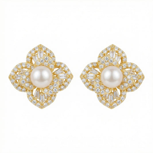 Floral Fancy — Silver Pearl & Diamond Stud Earrings
