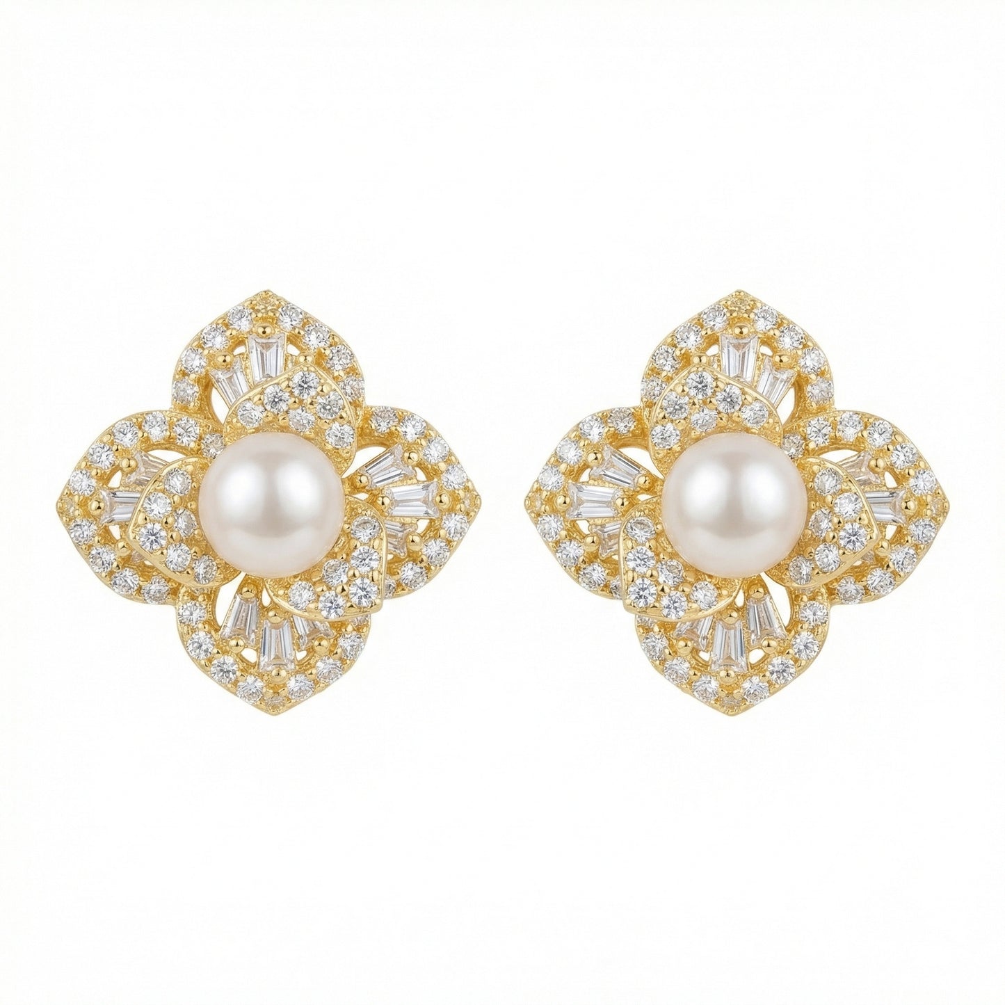 Floral Fancy — Silver Pearl & Diamond Stud Earrings