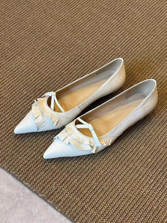 Bow-geoisie — French Pointed Toe Flats, Low Wedge Bow Mary Janes
