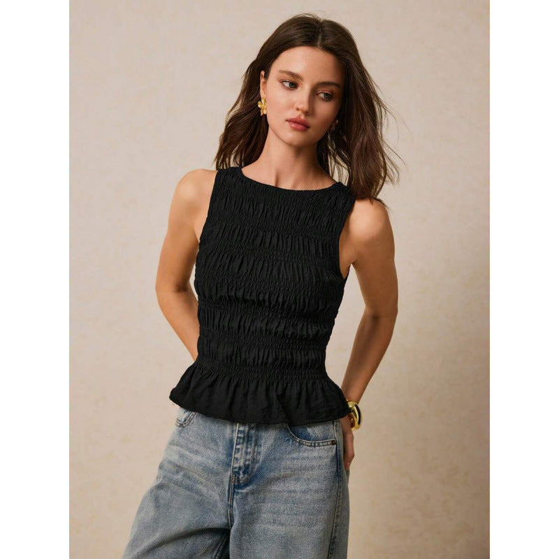 Pleats & Thank You — Solid Crew-Neck Pleated Tank Top