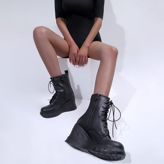Wedge Wonder — Simple Wedge Ankle Boots, Front Lacing