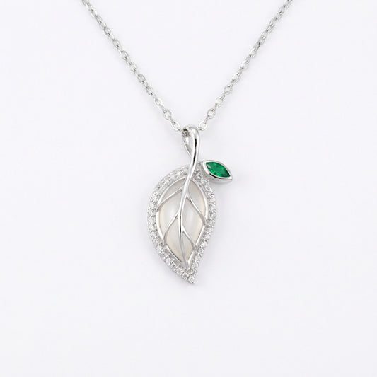 Leafy Luxury — .925 Silver Leaf Green Gem Necklace
