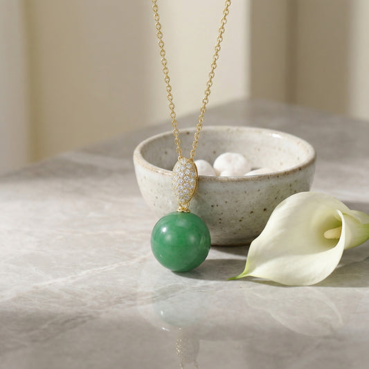 Jade Orb — Silver Green Jadeite Sphere & Diamond Necklace