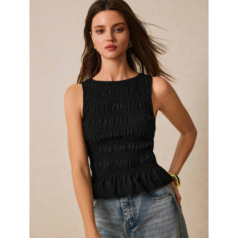 Pleats & Thank You — Solid Crew-Neck Pleated Tank Top