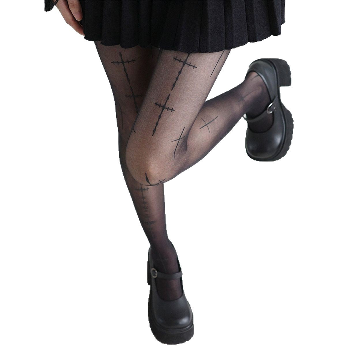 Cross My Heart — Printed Cross Black Silk Pantyhose