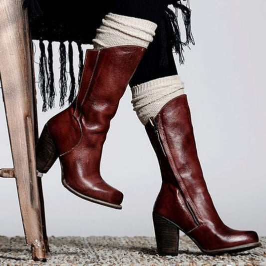 Boot-iful Strides — Mid-Calf Chunky-Heeled Side-Zip Boots