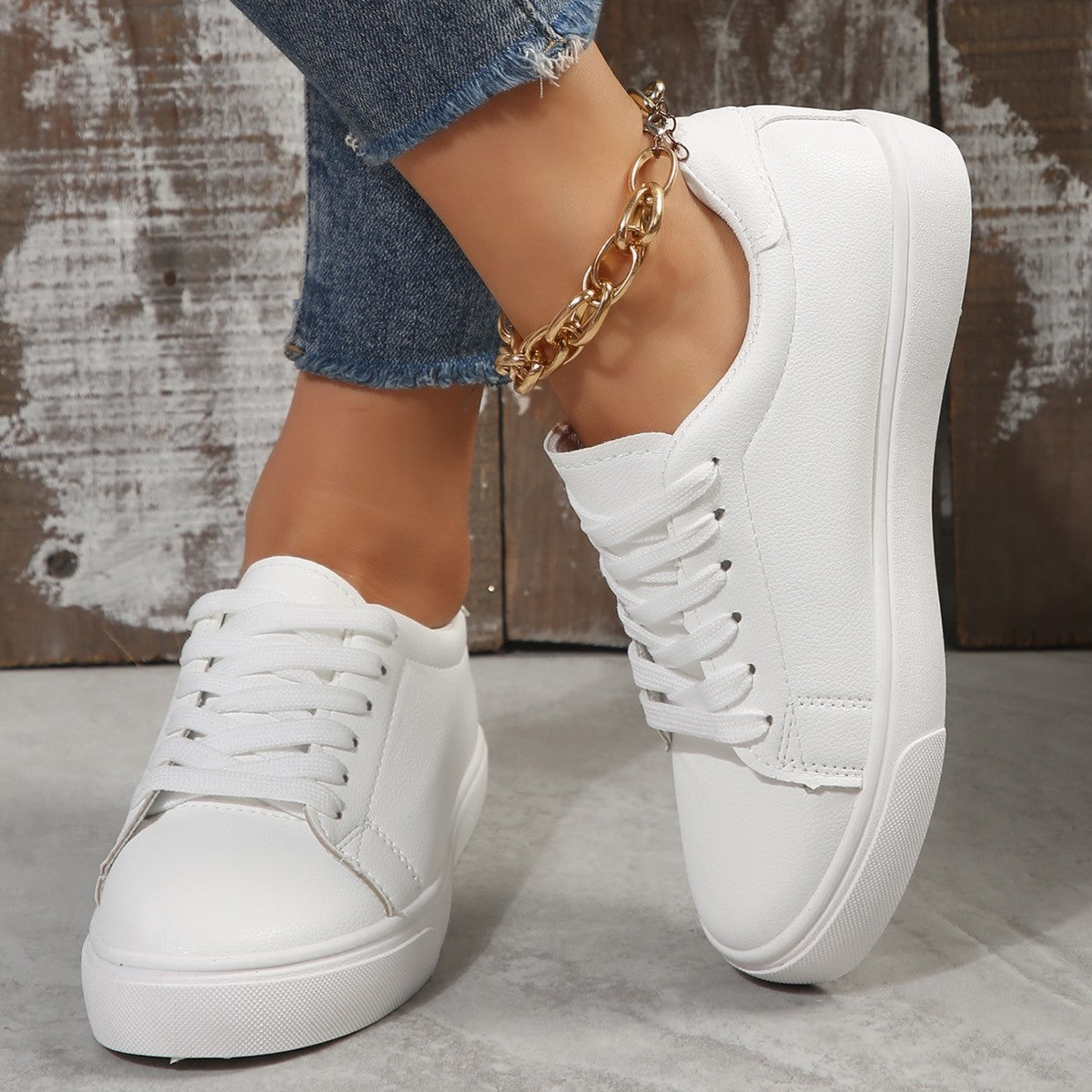 Lace Up, Live Out — Plus-Size White Flat Lace-Up Sneakers