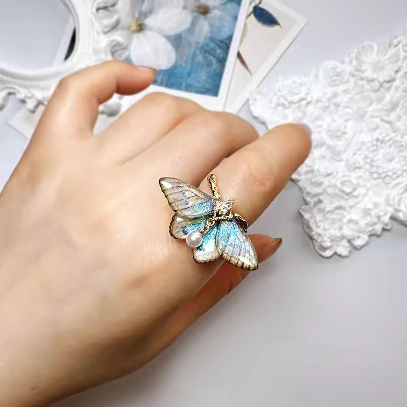 Lunar Moth — Moonstone Open Ring with Moth & Butterfly Wings