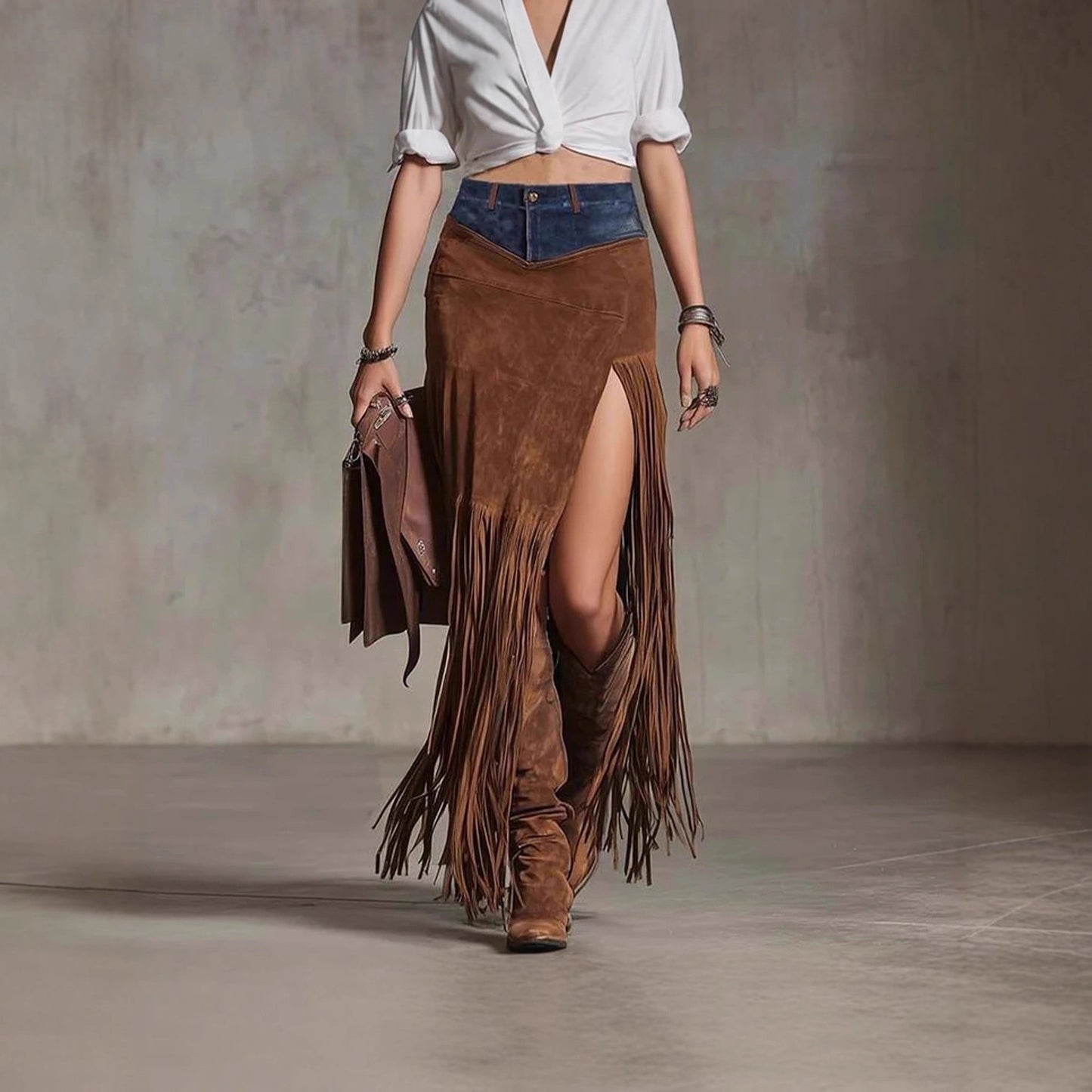 Fringe with Benefits — Asymmetrical Patchwork Denim Skirt