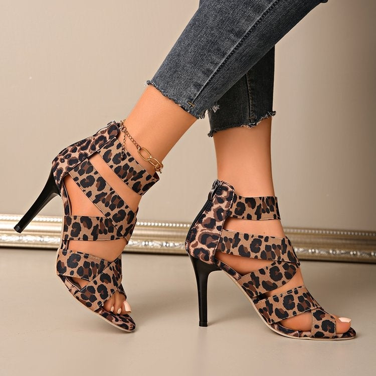 Leopard Luxe — Open-Toe Stiletto Sandals with Crisscross Strap