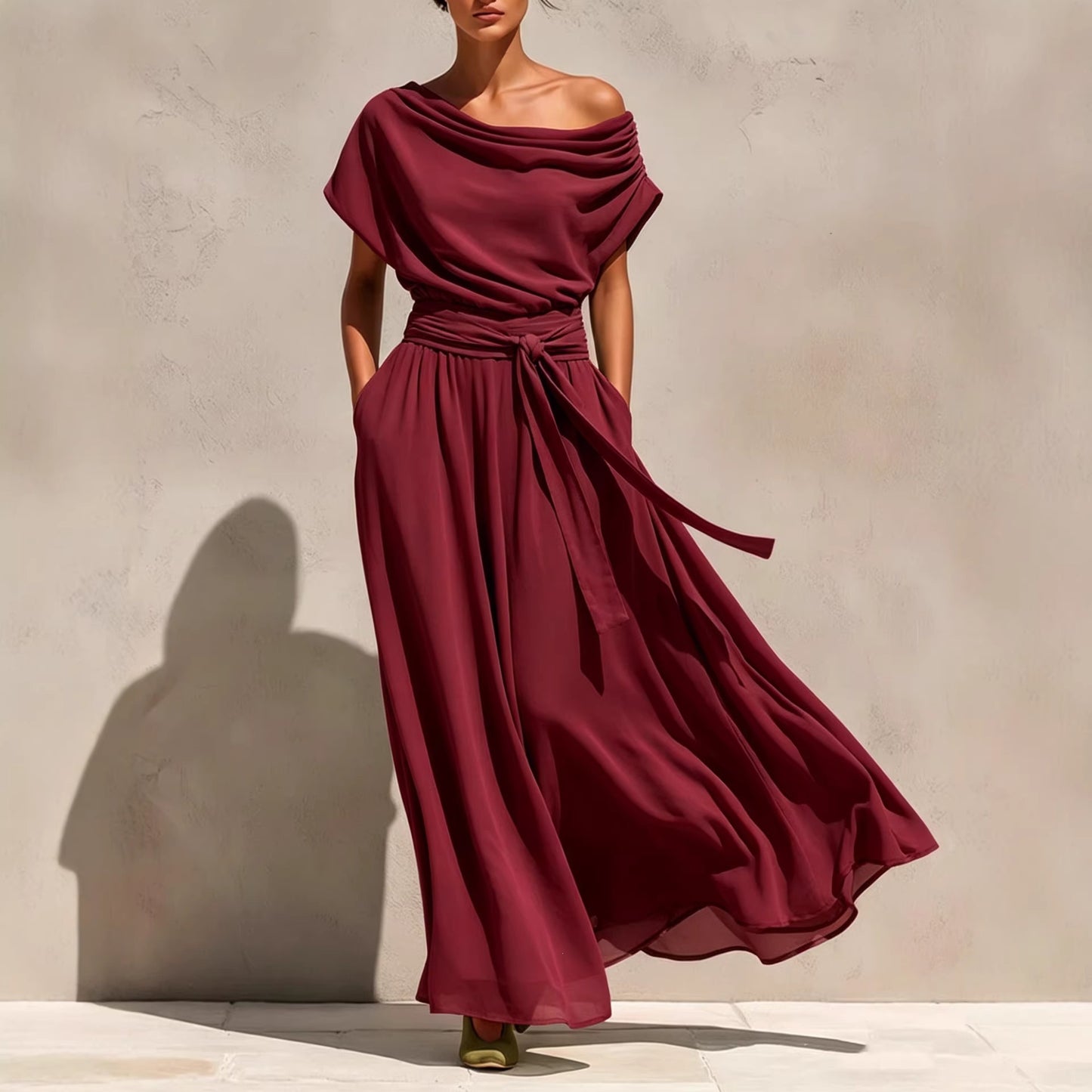 Pleat & Greet — Short-Sleeve Pleated Chiffon Dress